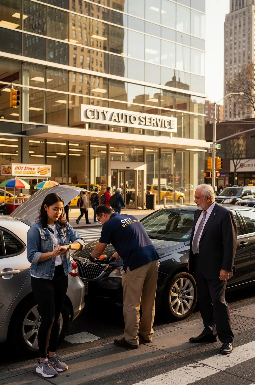Staff member explaining maintenance options to driver in a professional quick-service auto center lobby.