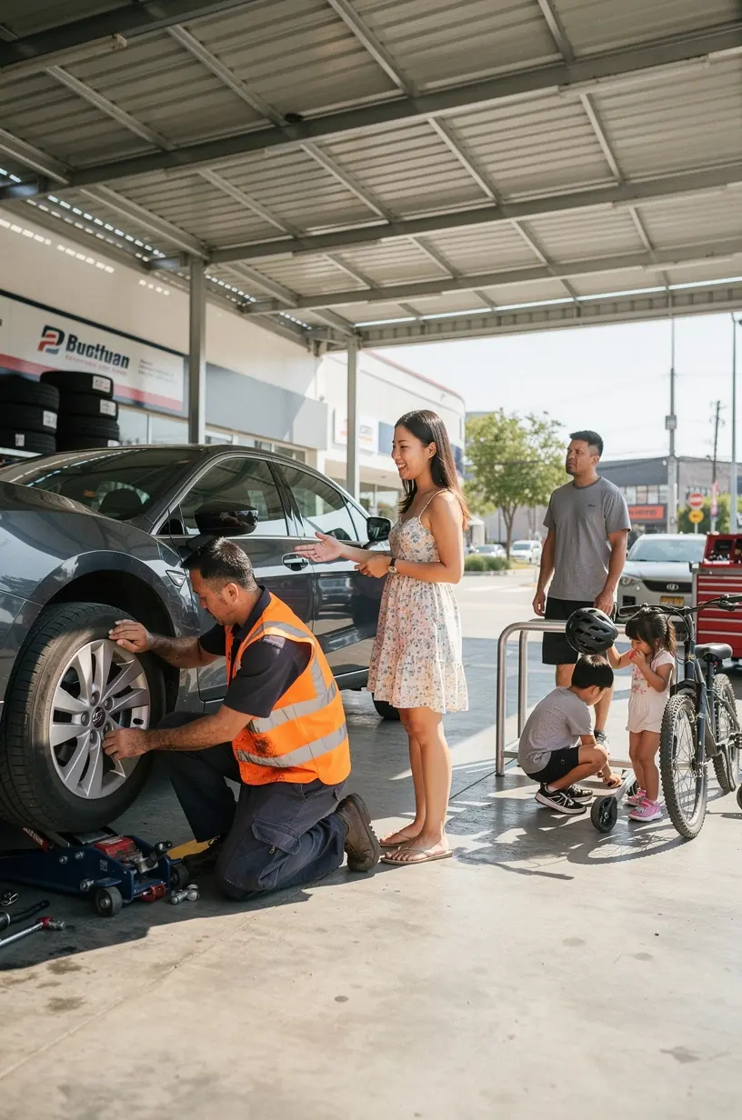 Technician using diagnostic tools on an electric vehicle inside fast turnaround auto repair shop.