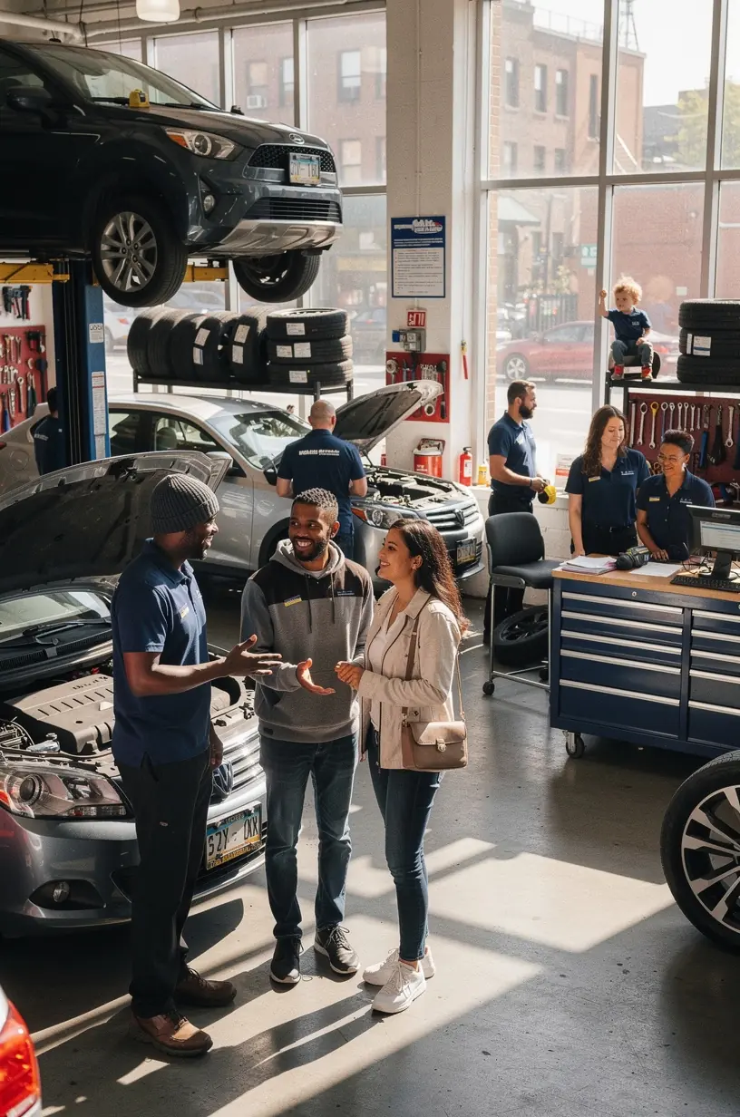 Close-up of tire rotation service being completed on a city sedan at a New York quick-service garage.
